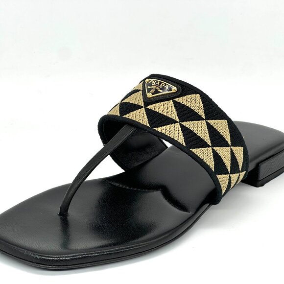 PRADA Triangular Triangle Logo Jacquard Woven T Strap Thong Flat Sandals - Picture 6 of 16
